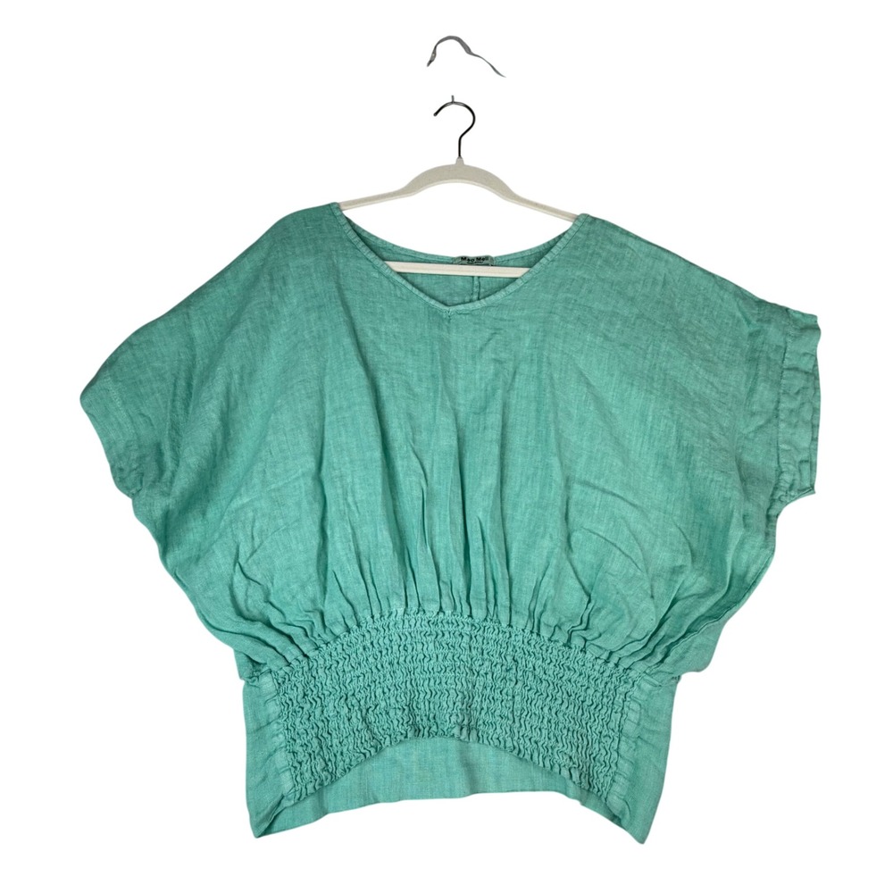 Meo Meli Italy 100% Linen Smocked Blouse Seafoam Green Lagenlook Boho One Size